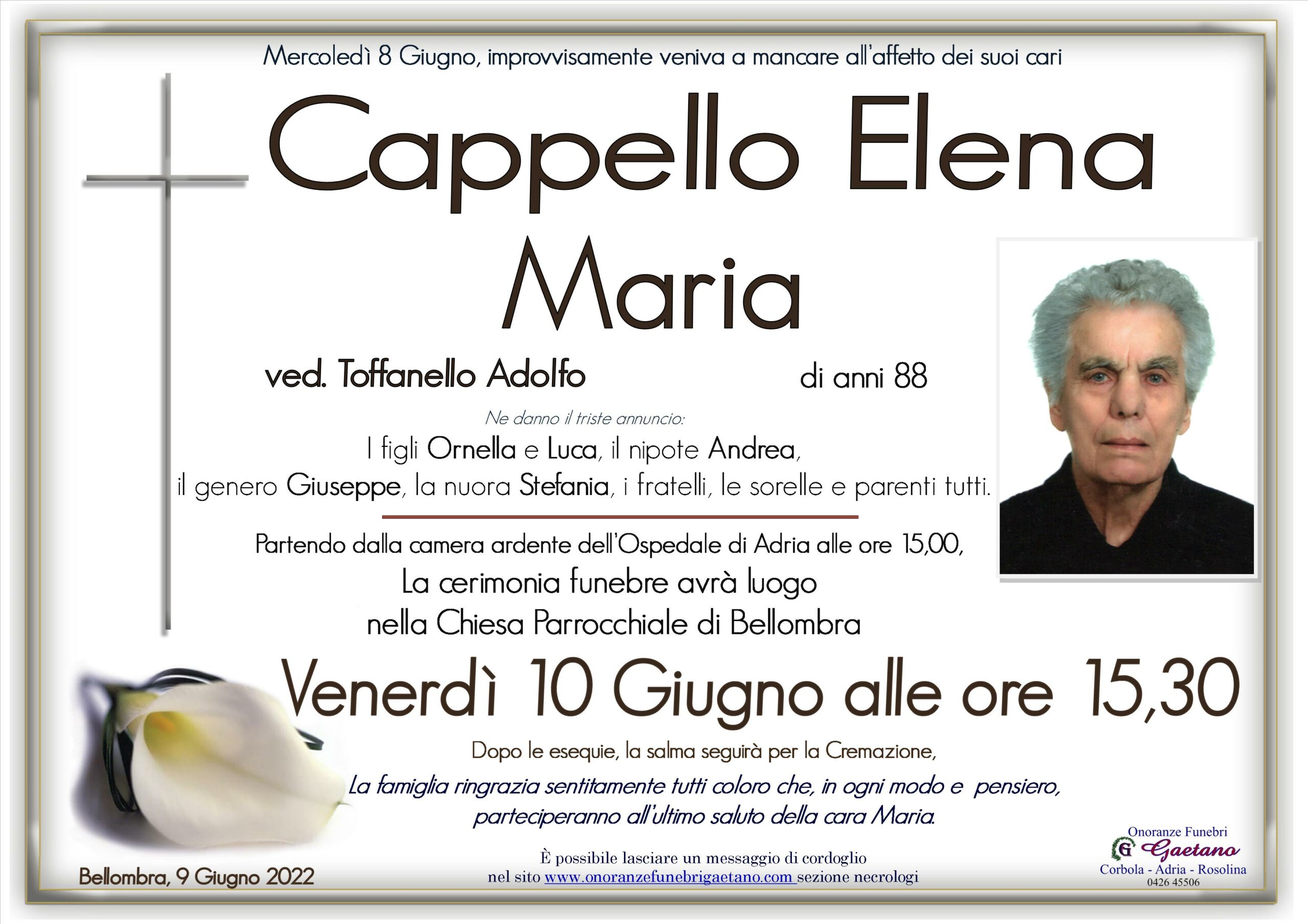 Necrologio di CAPPELLO ELENA MARIA - Onoranze Funebri Gaetano